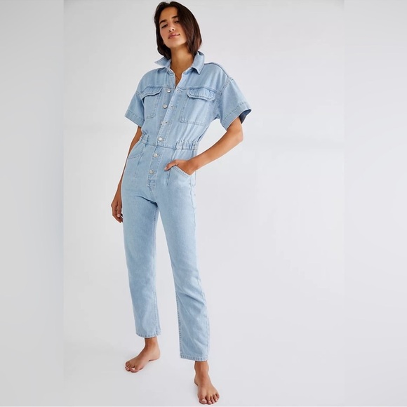 Free People Marci Denim Utility Jumpsuit Coverall Cotton Short Sleeve - Picture 3 of 7